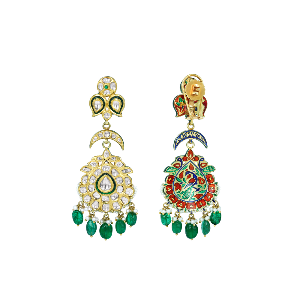 Polki Earrings with Green Enamel, Pearl Beads and Emerald Drops